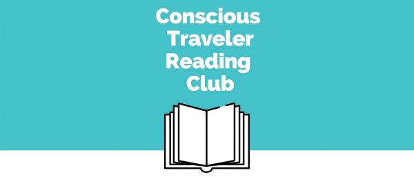 Blue box with a drawing of an open book. With the title Conscious Traveler Reading Club.