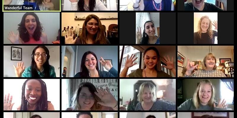 Rectangles of lots of women waving on Zoom.
