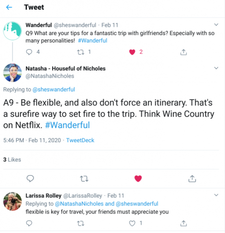 Twitter screenshot Wanderful and NatashaNicholes talking about traveling with gal pals
